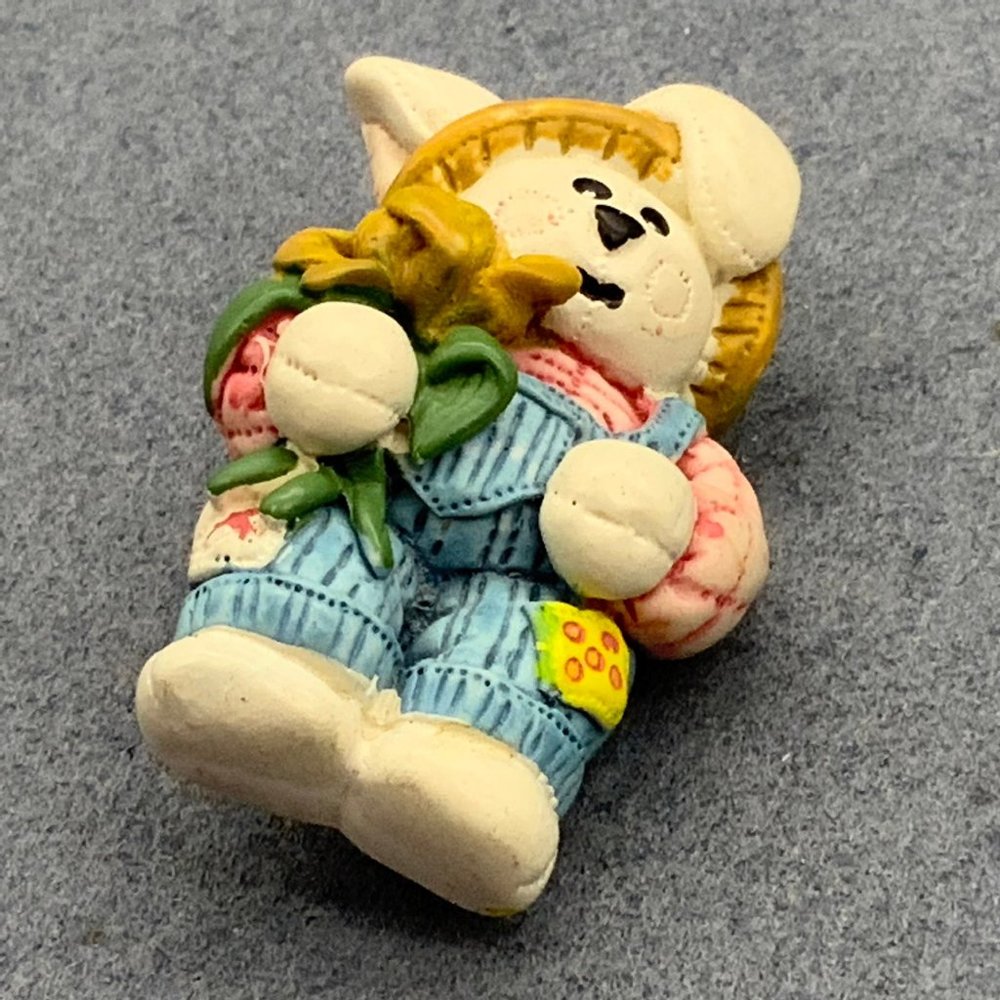 Bunny Overalls Pin Brooch Easter Rabbit Flowers - Picture 2 of 7